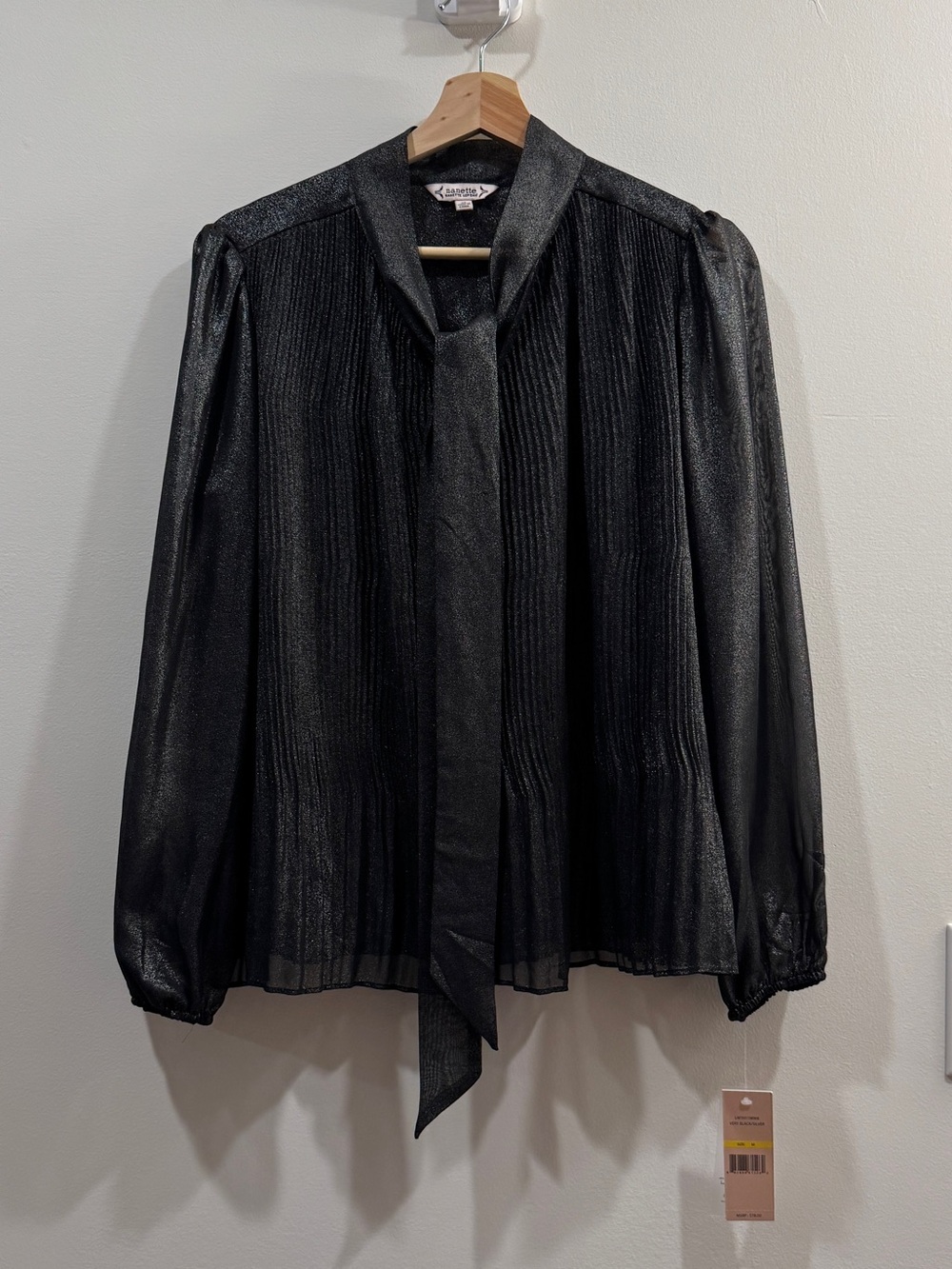 NWT Nanette Lepore Black Silver Metallic Tie-Neck Blouse M